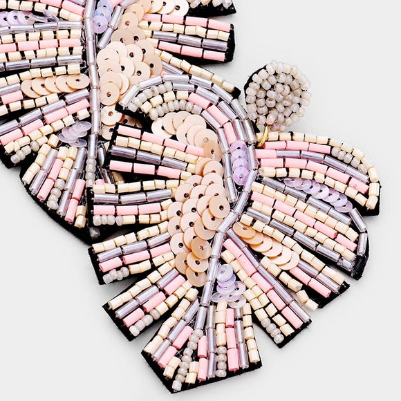 Pink cream purple Beaded leaf felt back fashion dangle earrings - Picture 2 of 3